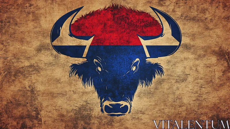Grunge-textured stylized bison head in red and blue silhouette