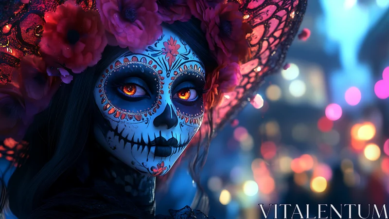 Day of Dead Catrina portrait with glowing eyes at night.