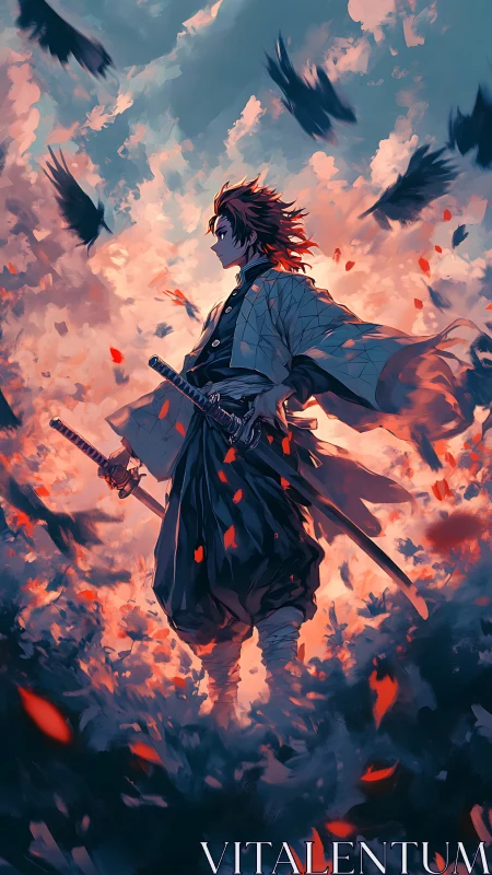 Lone anime swordsman stands amid burning sky and crows