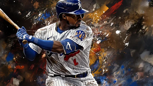Digital painting of focused baseball batter in action pose.