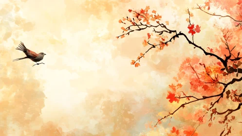 Bird in flight near autumn tree branch on pale sky.