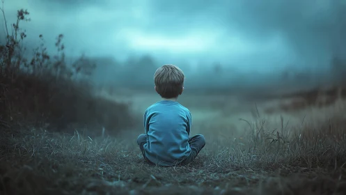 Solitary child in misty blue meadow at twilight.