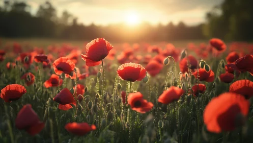 Red poppy field under low evening sun with soft background blur.