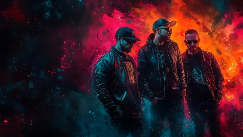 Triadic streetwear silhouettes in neon-saturated particle storm.