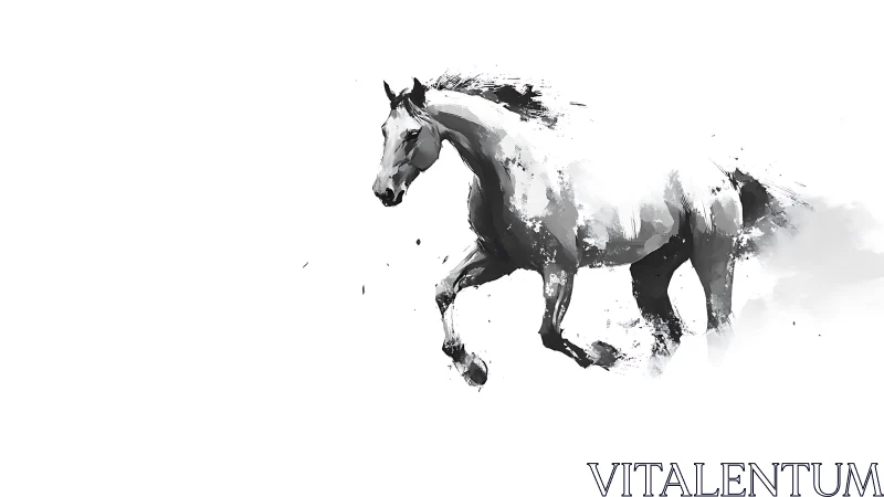 Galloping grayscale horse dissolving into abstract splashes.