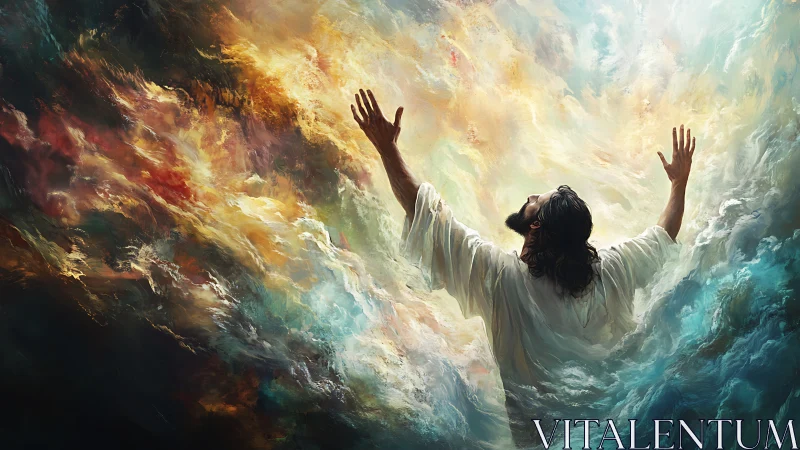 Dynamic upward figure framed by turbulent, luminous cloud vortex