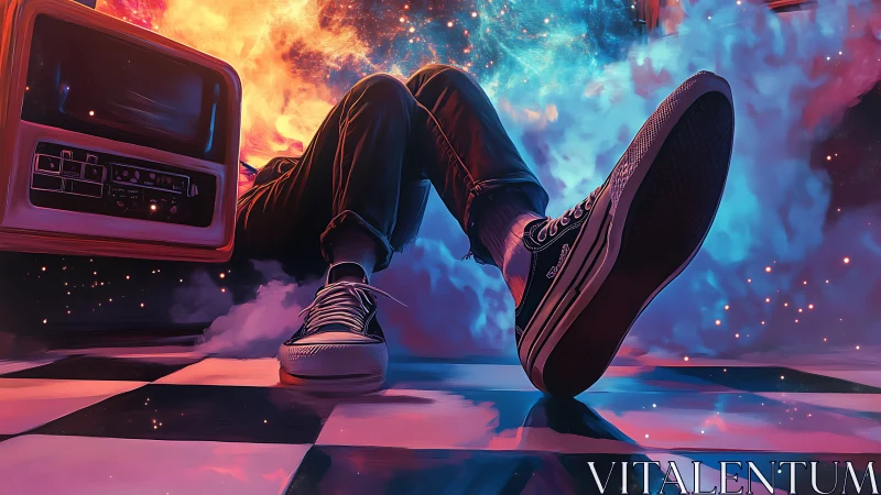 Neon vapor drift with retro TV and cinematic sneaker closeup.