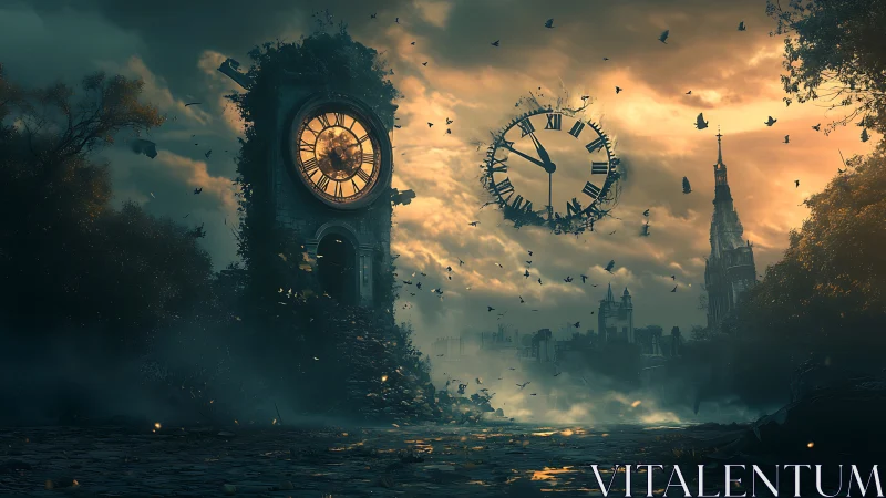 Ruined clock tower and suspended dial over misted cityscape