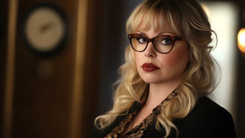 Retro-chic woman in tortoiseshell glasses, cinematic portrait.