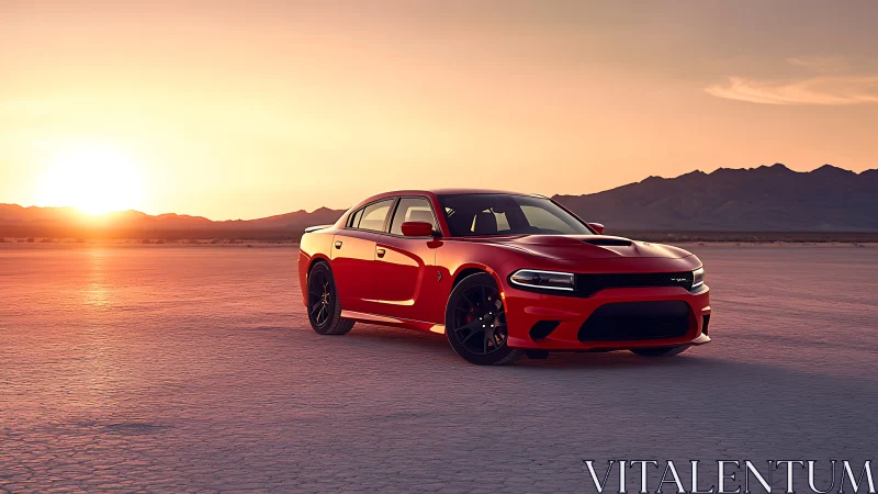 Red performance sedan on dry lakebed at sunset landscape
