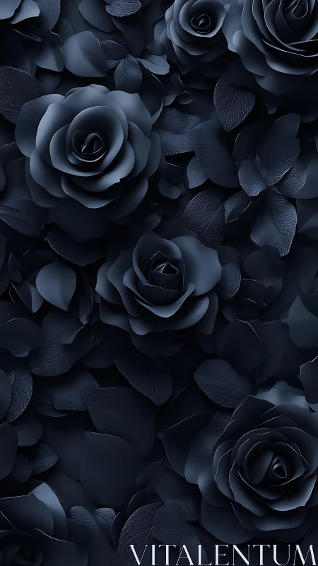 Monochromatic botanical arrangement with layered rose petals and foliage in deep shadow tonality.