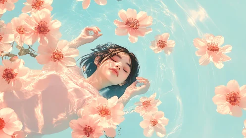 Dreamlike girl drifts in pastel water among floating blossoms