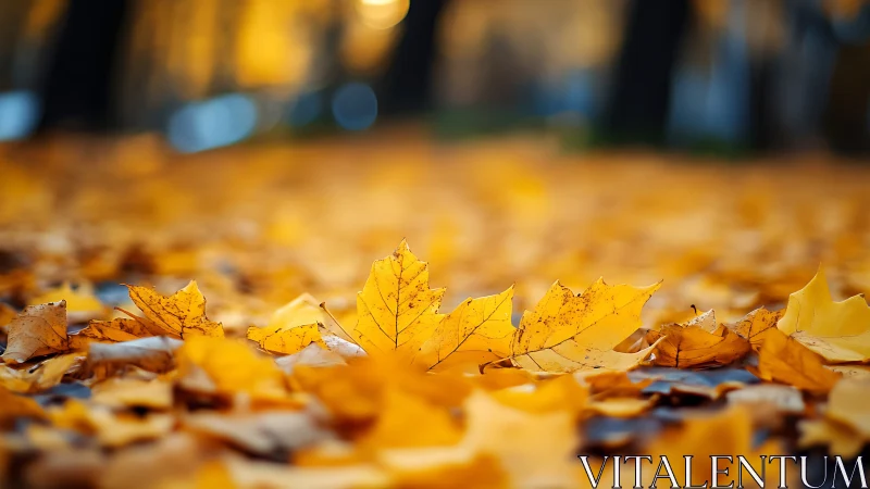 Shallow-depth macro study of golden autumn leaf carpet on ground.