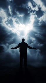Silhouetted standing figure faces backlit cloud opening in sky
