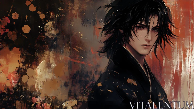 Brooding wanderer wrapped in ember toned painted shadows.