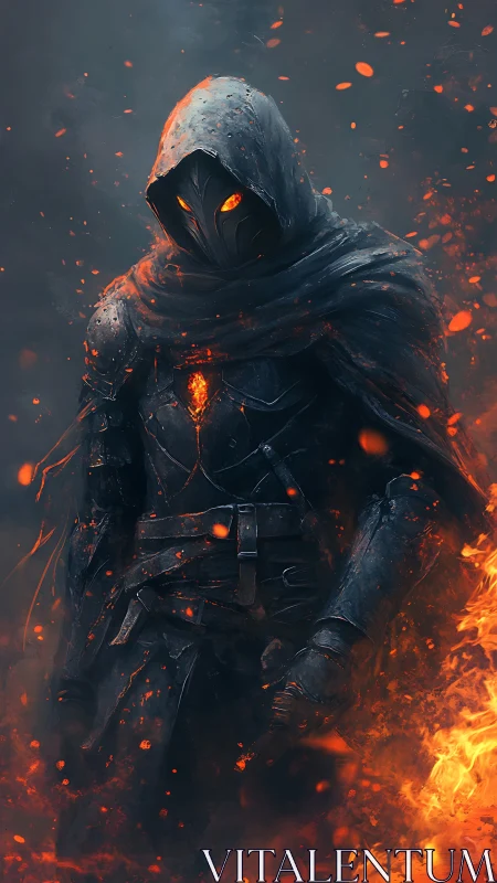 Hooded armored figure stands amid fire and drifting embers