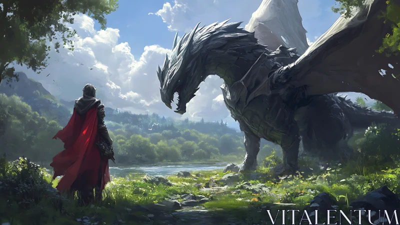 Human figure facing large dragon in bright river valley.