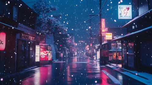 Neon snowflakes waltz softly above a quiet midnight street