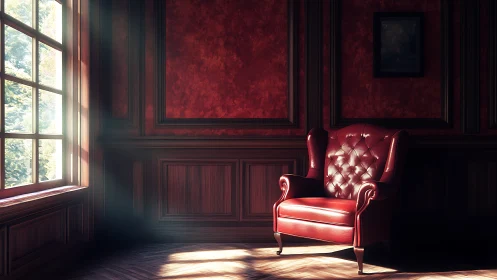 Sunlit red leather armchair in dark wood paneled room.