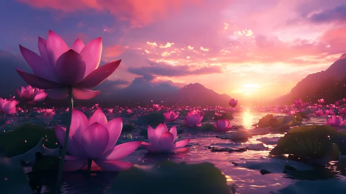 Sunset lotus lake with glowing pink blooms and mountains.