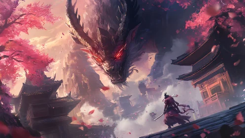 Samurai confronting colossal red-eyed dragon amid sakura storm