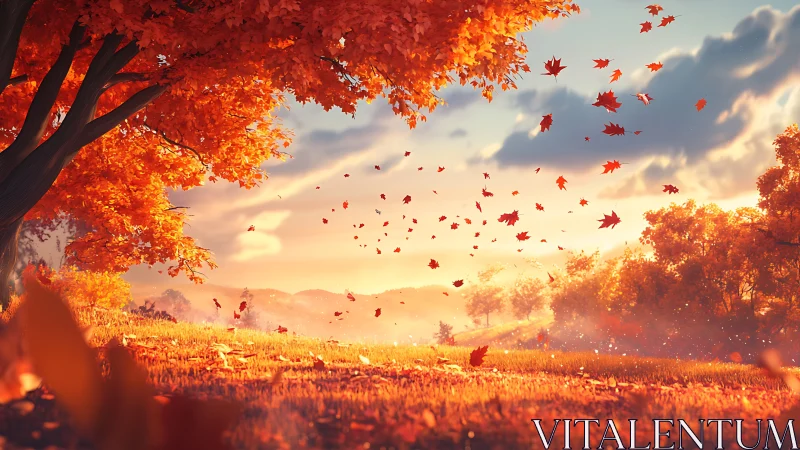 Autumn landscape with falling leaves in warm evening light.