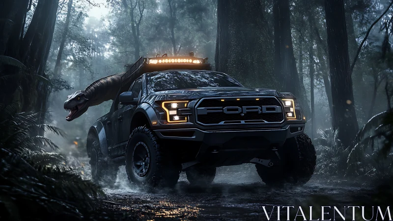 Predator pickup thunders through misty Jurassic wetlands.