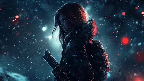 Lone neon huntress pacing through a storm of frozen embers.