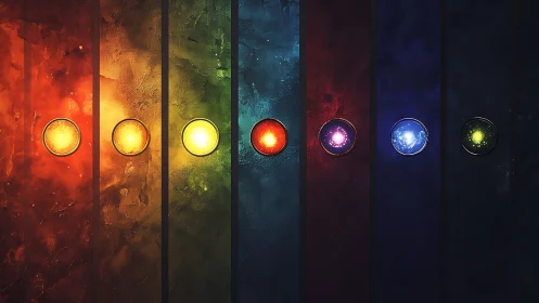 Glowing rainbow portals lined up like quiet cosmic buttons.