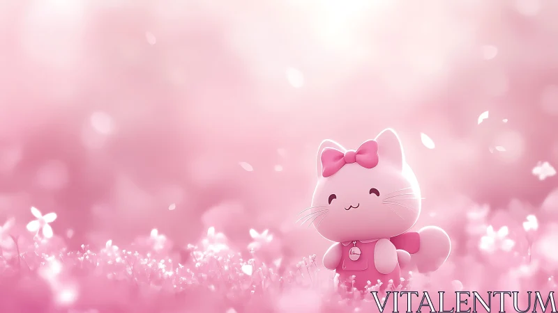 Monochrome pink cat figurine in depth‑blurred floral field.