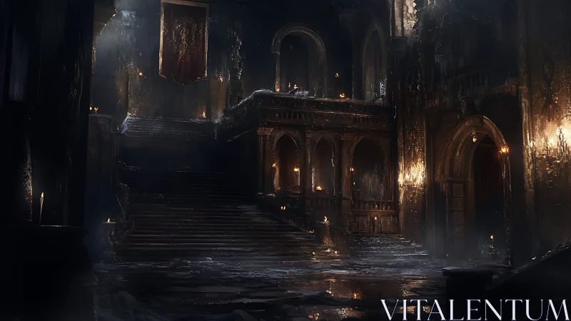 Gothic ruin grand hall with staircases in digital painting style.