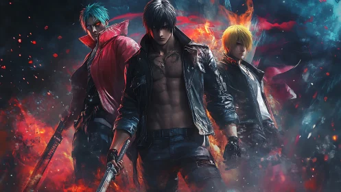 Stormlit rebel trio stride through embers and neon fury.