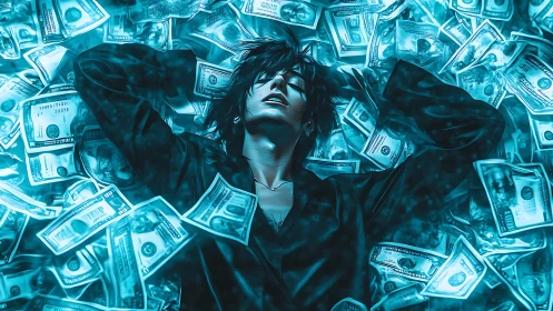 Reclining figure sinks into glowing bed of dollar bills