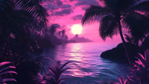 Neon twilight swallows a tropical cove in electric magenta glow