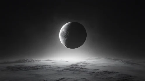 Lunar crescent in axial alignment above icy exoplanet horizon.