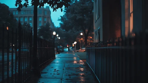 Nocturnal urban sidewalk corridor under wet reflective pavement.