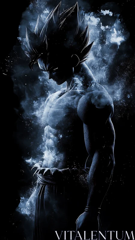 Storm-lit anime warrior stands calm in swirling cosmic power