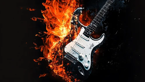 Electric guitar silhouette intersects controlled flame plume