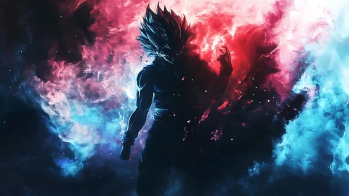 Cosmic warrior ignites twin nebula storms of power.