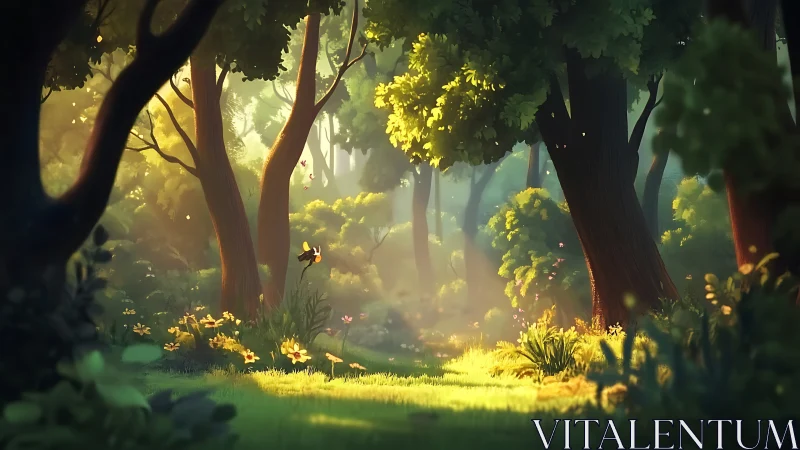 Enchanted Forest Glade Illuminated by Golden Sunlight Through Ancient Trees