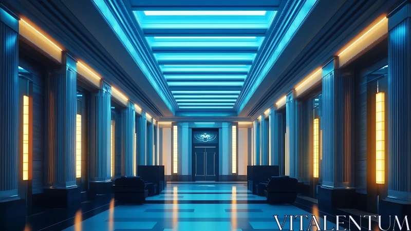 Neon-lit marble hall where classic columns meet cool calm.