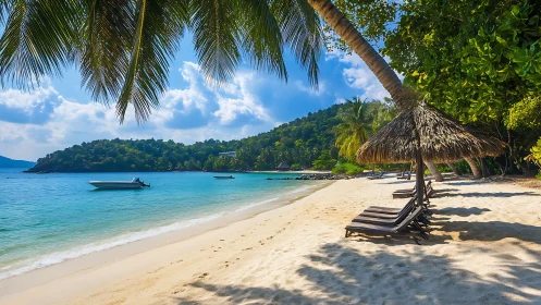 Tropical beach with palm fronds, turquoise water, and wooden loungers