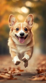 Joyful corgi bounds along an autumn forest pathway.