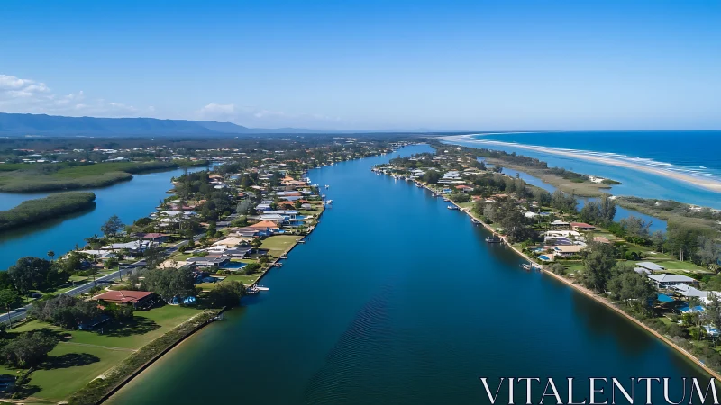 Sunlit coastal canal town rests between river and open sea