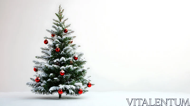Snow covered Christmas tree with red ornaments outdoors.