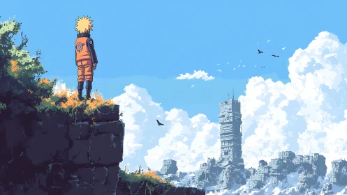Orange-clad wanderer overlooks ruined city under vast sky