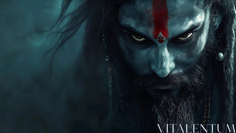 Intense blue‑skinned ascetic portrait with red forehead mark.