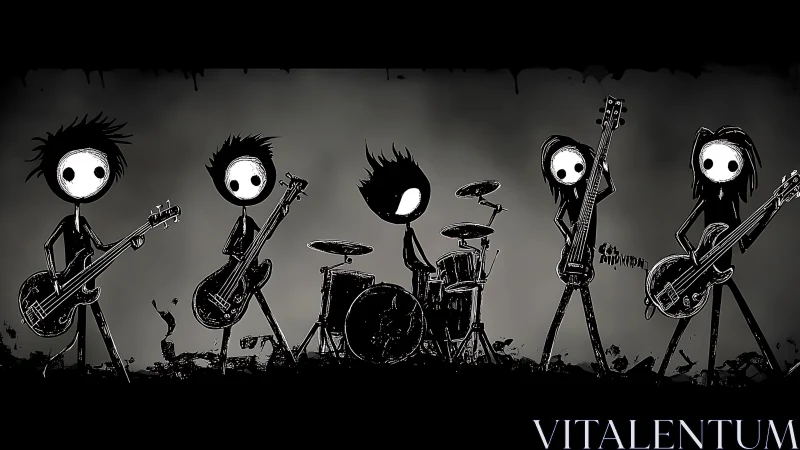 Stick-figure rock band stands with instruments on dark stage