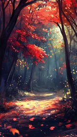 Autumn Forest Path with Glowing Leaves and Trees