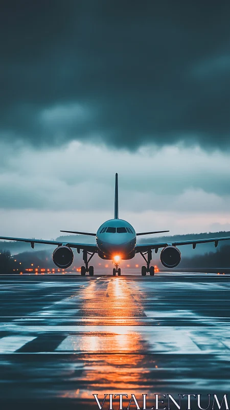 Passenger jet awaits takeoff on a rain-soaked runway at dusk.
